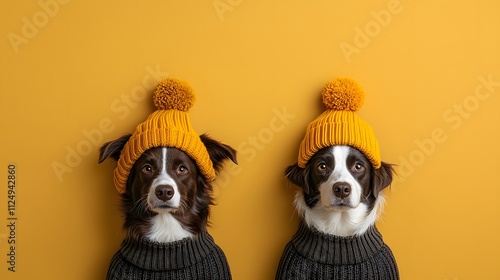 Twins in Style: Adorable Dogs Sporting Cozy Costumes Against a Bright Yellow Background. National Humor Month Concept photo