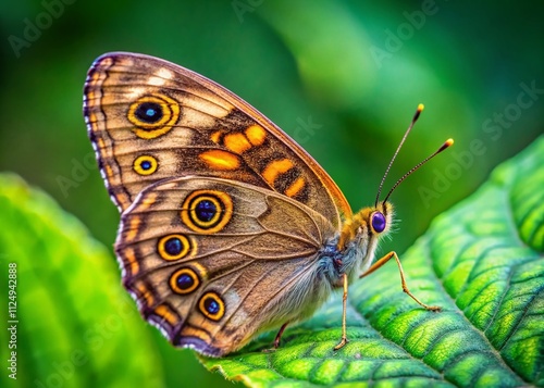 Captivating Satyr Butterfly (Lasiommata megera) Perched Gracefully on a Lush Green Leaf in a Natural Setting, Showcasing Its Unique Patterns and Colors, Ideal for Nature and Wildlife Themes photo