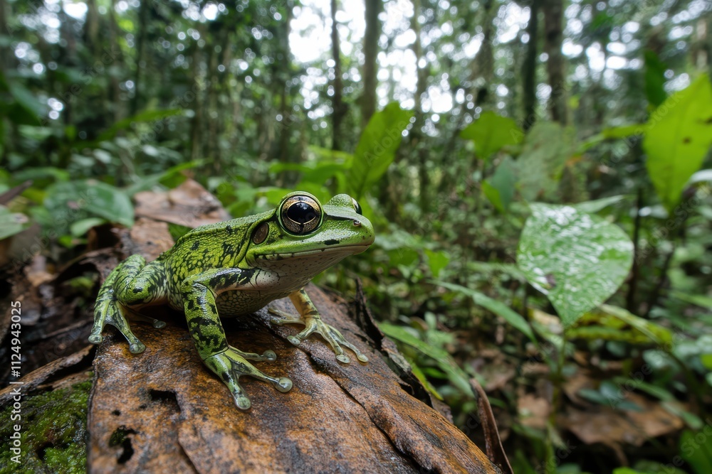 Green Frog Sitting on Damp Log Surrounded by Lush Rainforest Foliage Green Frog Sitting on Damp Log Surrounded by Lush Rainforest Foliage