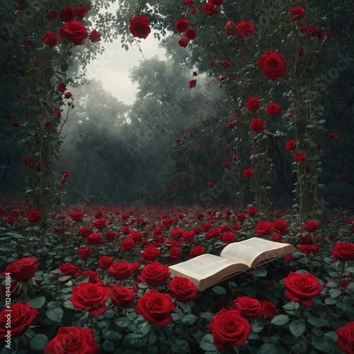 A surreal world where red roses grow like trees and large books float between them.