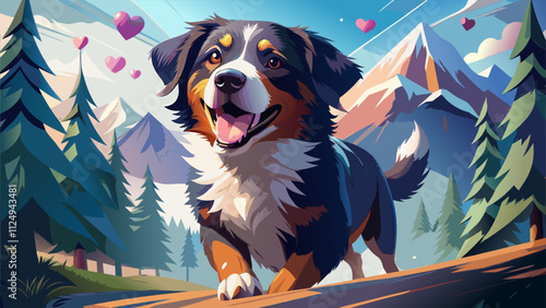 A Joyful Bernese Mountain Dog with Heart-Shaped Symbols of Love.