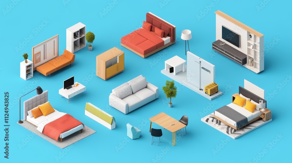 Vector isometric home rooms set. Rooms cross-sections. Bedroom, living room, kitchen, home office, dining room. Furniture and decoration. Modern and classic interior design Vector isometric home rooms set. Rooms cross-sections. Bedroom, living room, kitchen, home office, dining room. Furniture and decoration. Modern and classic interior design