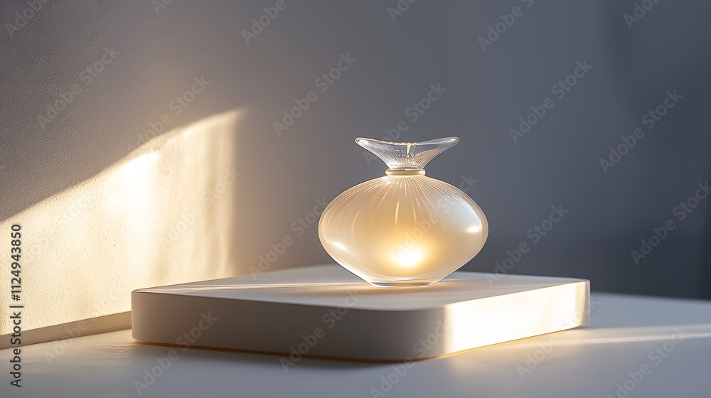 A pearl-inspired perfume bottle, glowing softly on a matte white platform. A pearl-inspired perfume bottle, glowing softly on a matte white platform.