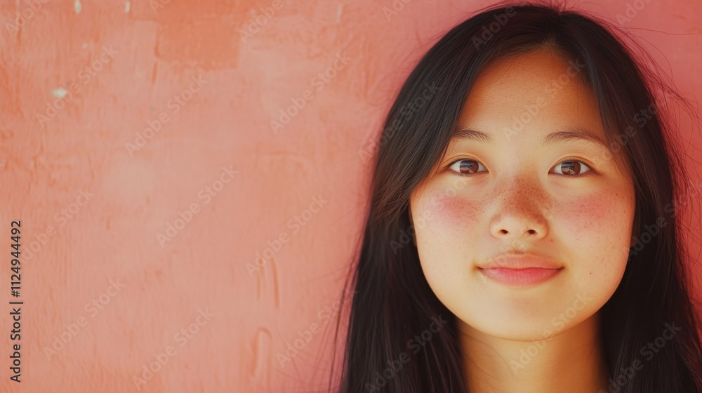 Young Woman with Long Hair and Smooth Skin Posing Against Pink Wall