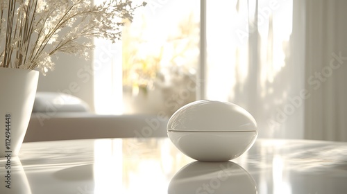 A smooth, glossy white perfume bottle shaped like a pebble, positioned in a clean, bright setting. photo