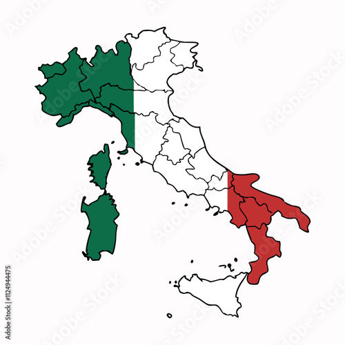 map of Italy, including the mainland and the islands of Sardinia and Sicily. The map is colored in the Italian flag's tricolor: green, white, and red