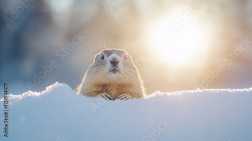 Cute Groundhog in Snowy Landscape at Sunrise with Warm Golden Light photo