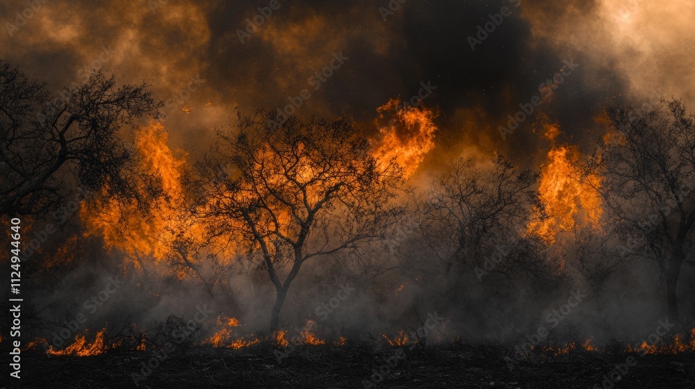 Fototapeta premium Wildfire devastation spreads across forested region nature's fury captured in dramatic imagery enveloping smoke and flames
