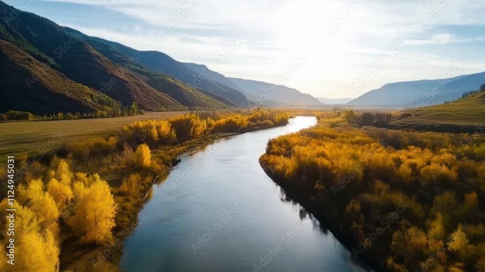 Stunning Autumn Landscape View Drones Perspective of River and Mountains Stunning Autumn Landscape View Drones Perspective of River and Mountains