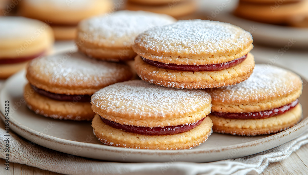 Close-up of several round, sweet biscuits filled with jam, dusted with powdered sugar, on a plate. Close-up of several round, sweet biscuits filled with jam, dusted with powdered sugar, on a plate.