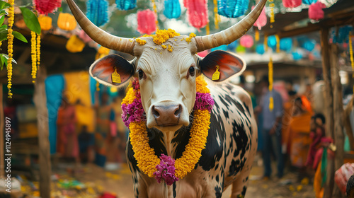 mattu pongal, the cow stands in the middle of the village yard decorated with garlands and its horns painted gold, ai produces an image. photo