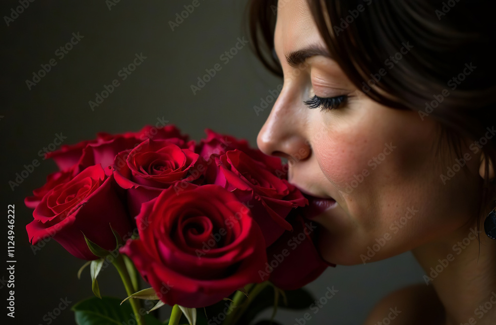 Woman sniffing bouquet of red roses, female flower flavor. AI Generative Woman sniffing bouquet of red roses, female flower flavor. AI Generative