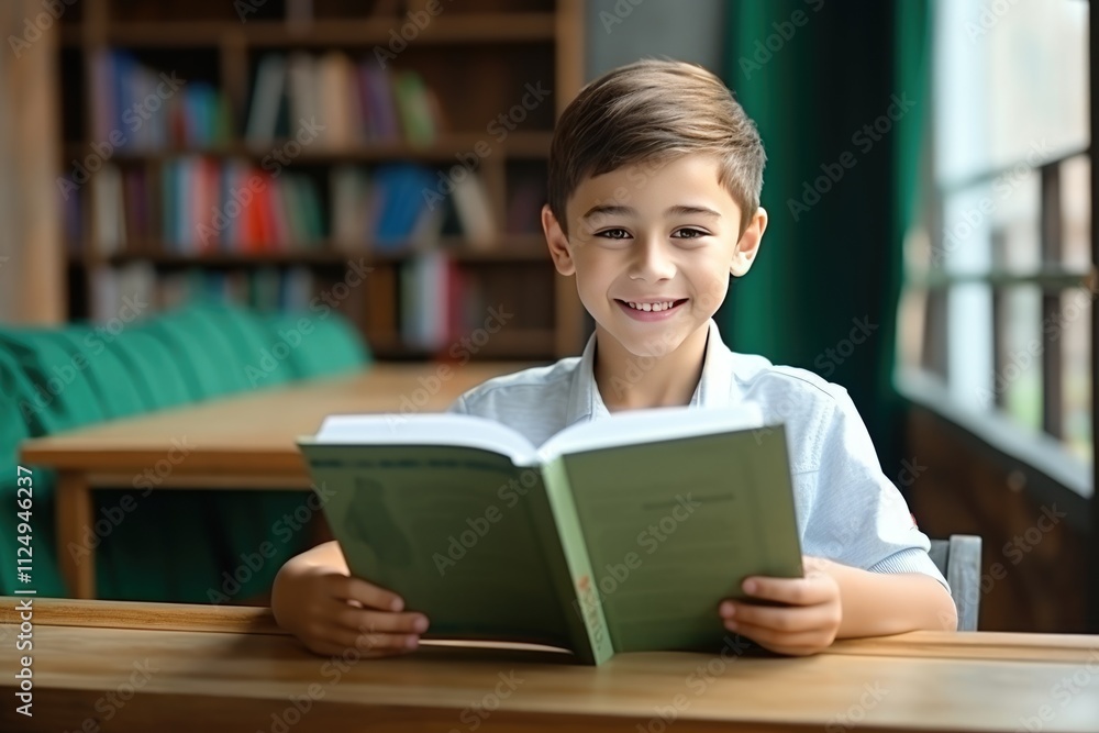 Cheerful Student Reading a Book at a Classroom Table Cheerful Student Reading a Book at a Classroom Table