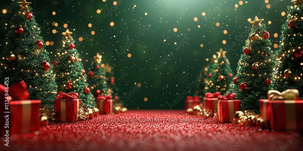 Festive Christmas Tree Decoration, Beautifully Lit Trees with Confetti, Dark Background, Red Carpet Path, Presents Scatter, Shallow Depth of Field for Holiday Event or Home Setup Festive Christmas Tree Decoration, Beautifully Lit Trees with Confetti, Dark Background, Red Carpet Path, Presents Scatter, Shallow Depth of Field for Holiday Event or Home Setup