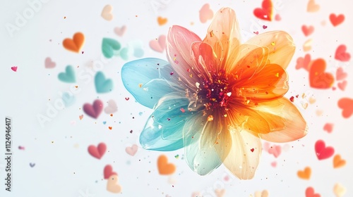 A whimsical flower surrounded by floating hearts