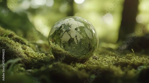 Transparent Earth Globe on Forest Moss: Macro Details Highlighted by Soft Lighting, Symbolizing Climate Change Awareness in an Environmental Communication Concept. photo