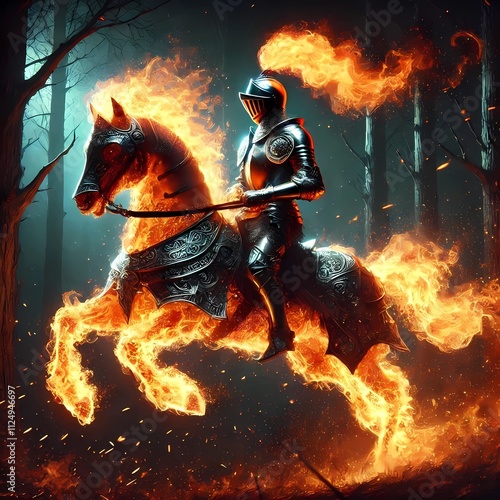 Knight of Fire in Armor Riding a Fire Horse.generative ai photo