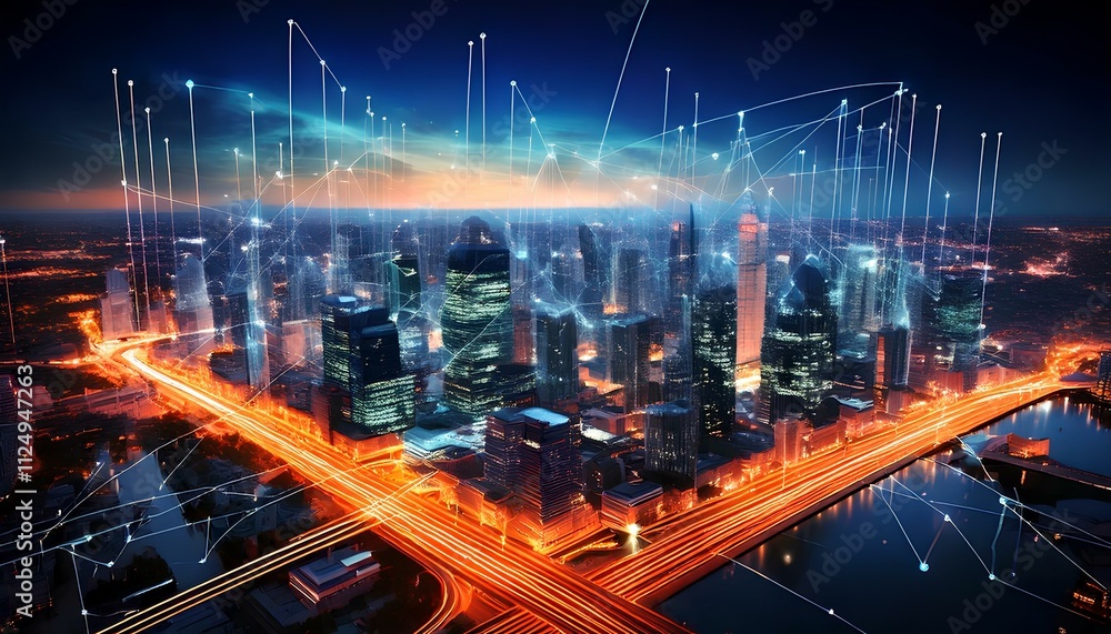 Naklejka premium Smart City and Communication Network Concept: IoT (Internet of Things) and ICT (Information Communication Technology)