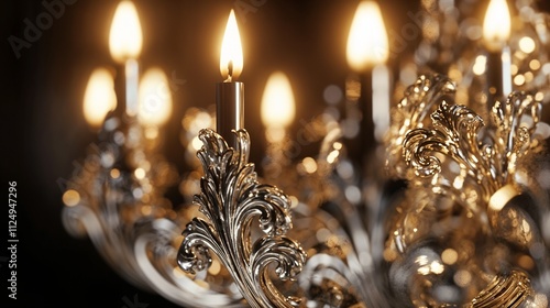 Elegant vintage silver chandelier with warm candlelight against dark background