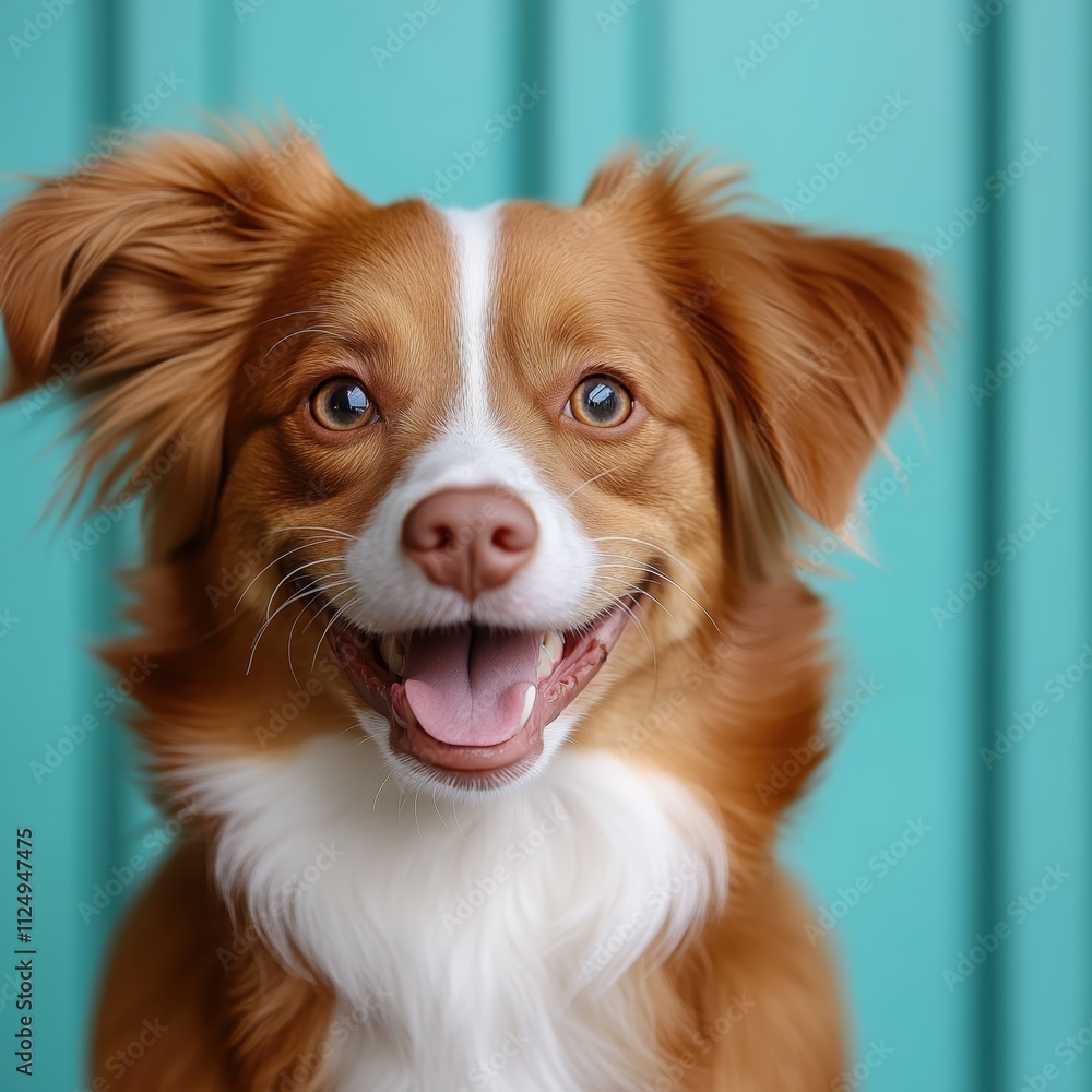 Beautiful dog smiles brightly against a vibrant turquoise background in a cheerful outdoor setting Beautiful dog smiles brightly against a vibrant turquoise background in a cheerful outdoor setting