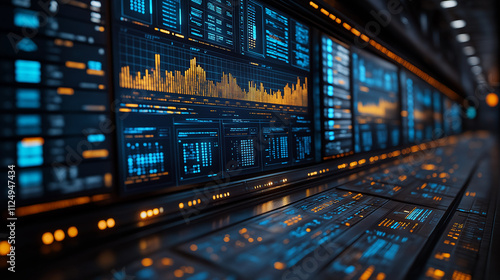 Wallpaper Mural Data-Driven Insights: A close-up shot of a futuristic control room featuring a wall of glowing digital screens displaying complex data visualizations. Torontodigital.ca