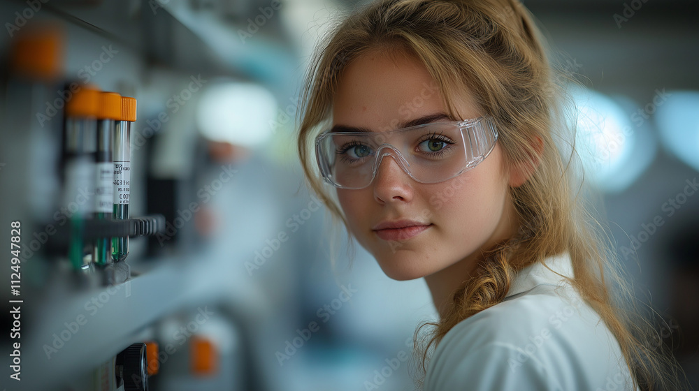 Young female scientist in lab: A determined young woman scientist gazes intently, wearing safety glasses in a modern laboratory setting. The image conveys intelligence, focus. Young female scientist in lab: A determined young woman scientist gazes intently, wearing safety glasses in a modern laboratory setting. The image conveys intelligence, focus.