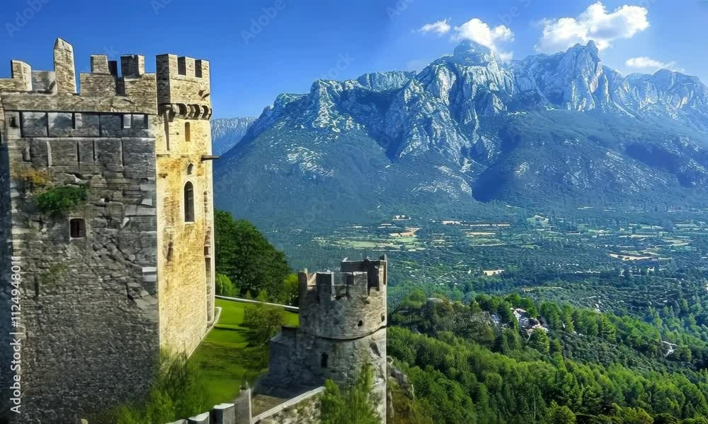 Camera fly above the French medieval castle, beautiful landscape with mountains and forest at the background Camera fly above the French medieval castle, beautiful landscape with mountains and forest at the background