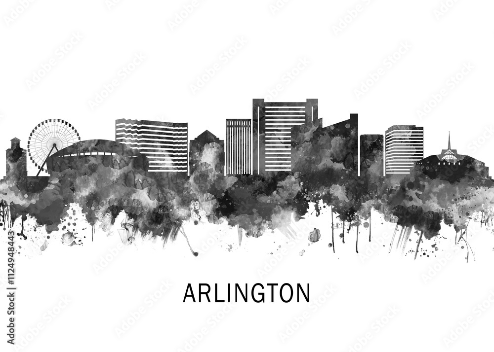 Arlington Texas Skyline BW, landscape watercolor abstract painting print poster Heilongjiang travel illustration urban art modern downtown landmarks