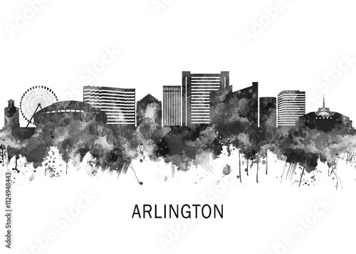 Obraz na płótnie Arlington Texas Skyline BW, landscape watercolor abstract painting print poster Heilongjiang travel illustration urban art modern downtown landmarks w salonie