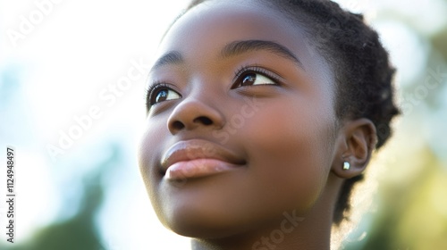 Serene Young African Girl Gazing Upwards with Optimism