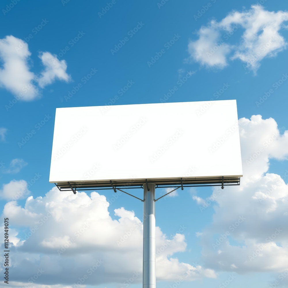 Large blank white billboard, blue sky background, fluffy white clouds, outdoor advertising, sunny day, clear visibility, tall metal support structure, square format, commercial space, marketing potent Large blank white billboard, blue sky background, fluffy white clouds, outdoor advertising, sunny day, clear visibility, tall metal support structure, square format, commercial space, marketing potent