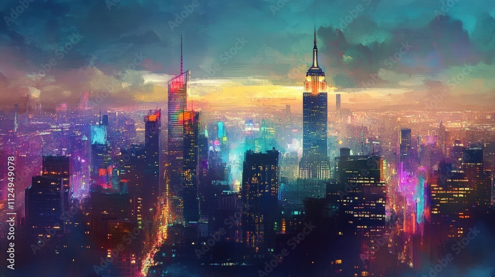 Colorful cityscape at night, vibrant buildings. Colorful cityscape at night, vibrant buildings.