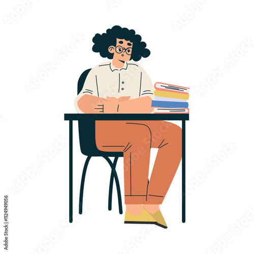 Girl Schoolkid Character in School Sit at Desk Have Lesson Vector Illustration