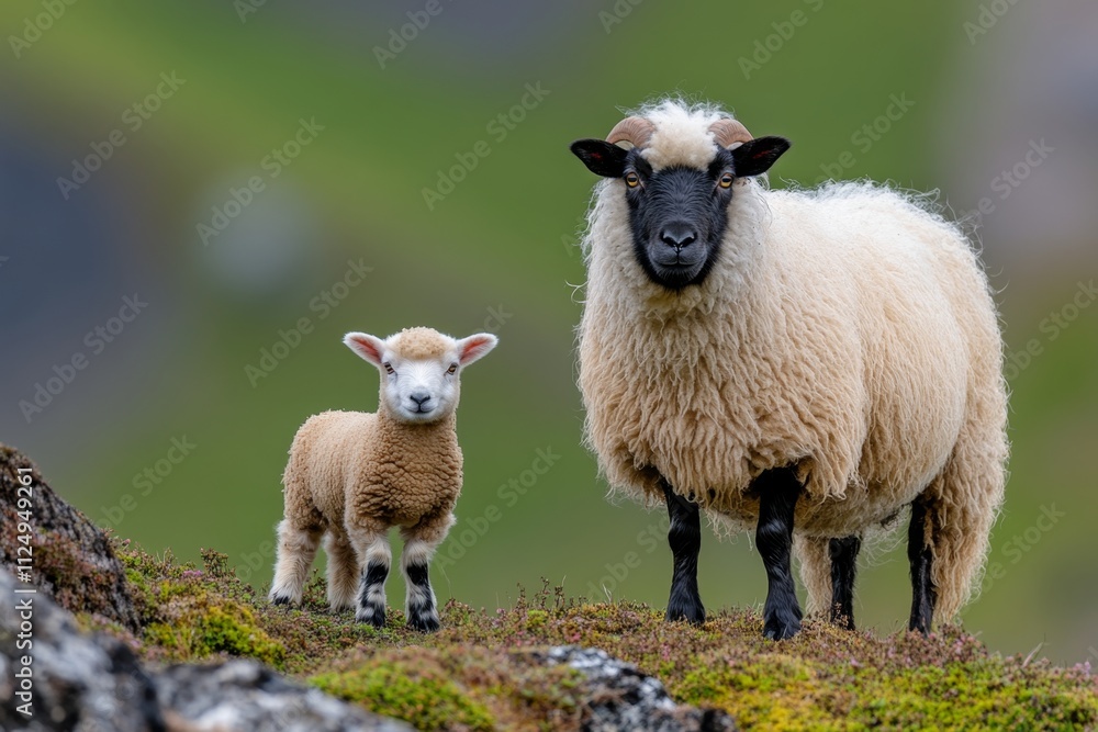 A serene image of a dwarf sheep standing beside its flock, with its fluffy coat and small frame setting it apart A serene image of a dwarf sheep standing beside its flock, with its fluffy coat and small frame setting it apart