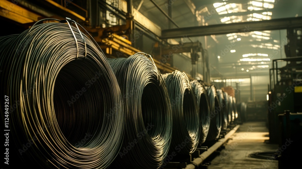 Steel wire coils stacked in the metal industry, showcasing industrial wire production. Steel wire coils stacked in the metal industry, showcasing industrial wire production.