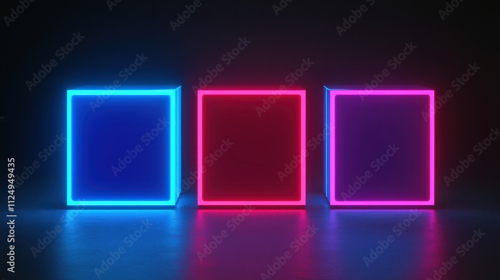 Neon Glowing Cubes in Blue and Pink Against Black Background for Backgrounds Neon Glowing Cubes in Blue and Pink Against Black Background for Backgrounds