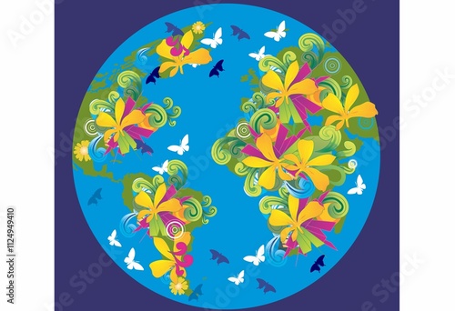 cheerful composition with continents covered in flowers and greenery