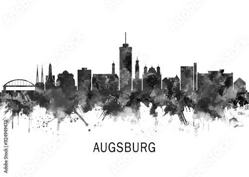 Augsburg Germany Skyline BW, travel art illustration urban modern downtown landmarks skyscrapers artwork abstract architecture digital office home decor