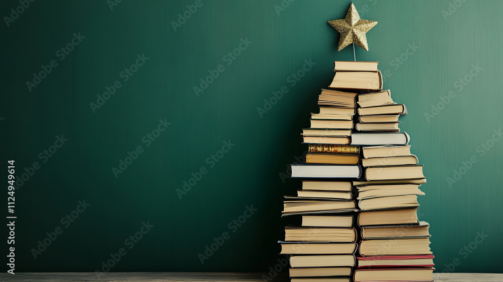 Stack of books in the shape of Christmas tree. Copy space. Stack of books in the shape of Christmas tree. Copy space.