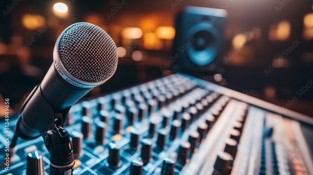 Live music event with microphone and mixer studio setting audio equipment close-up view music production concept Live music event with microphone and mixer studio setting audio equipment close-up view music production concept