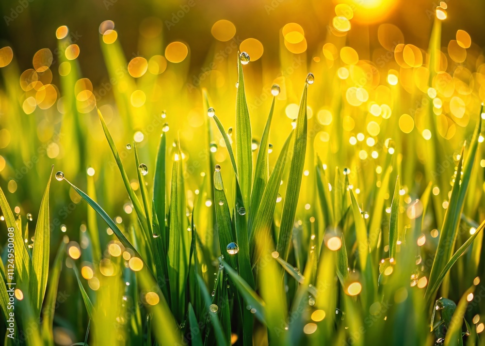Fototapeta premium Captivating Spring Vegetation: Realistic Close-Up of Lush Green Grasses and Lawn in Low Light, Showcasing Nature's Beauty in a Serene Garden Setting