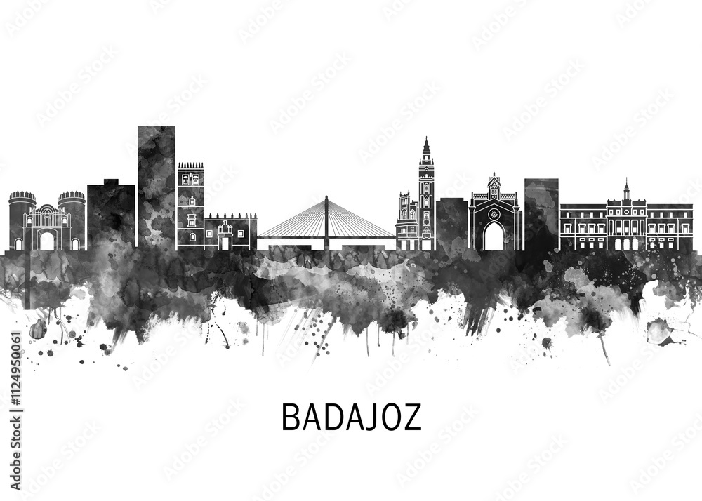 Badajoz Spain Skyline BW, travel art illustration urban modern downtown landmarks skyscrapers artwork abstract architecture digital office home decor
