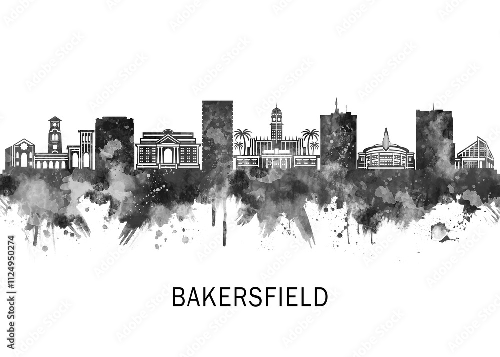 Obraz premium Bakersfield California Skyline BW, travel art illustration urban modern downtown landmarks skyscrapers artwork abstract architecture digital office home decor