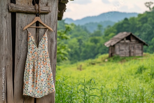 A serene photo of a vintage-inspired polka dot dress, hanging on a rustic wooden door in a countryside setting photo