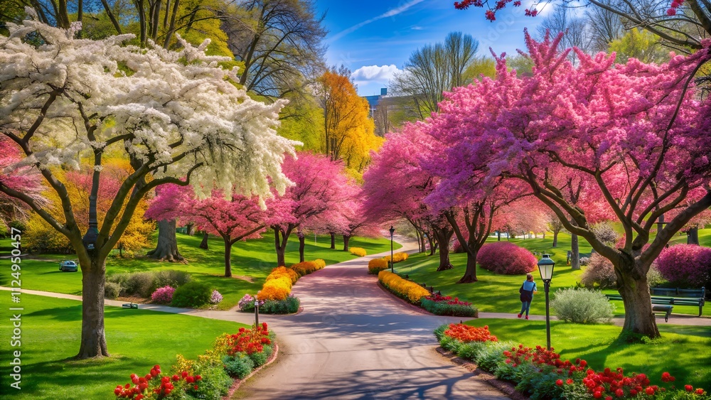 Fototapeta premium Colorful park with cherry blossom trees in full bloom