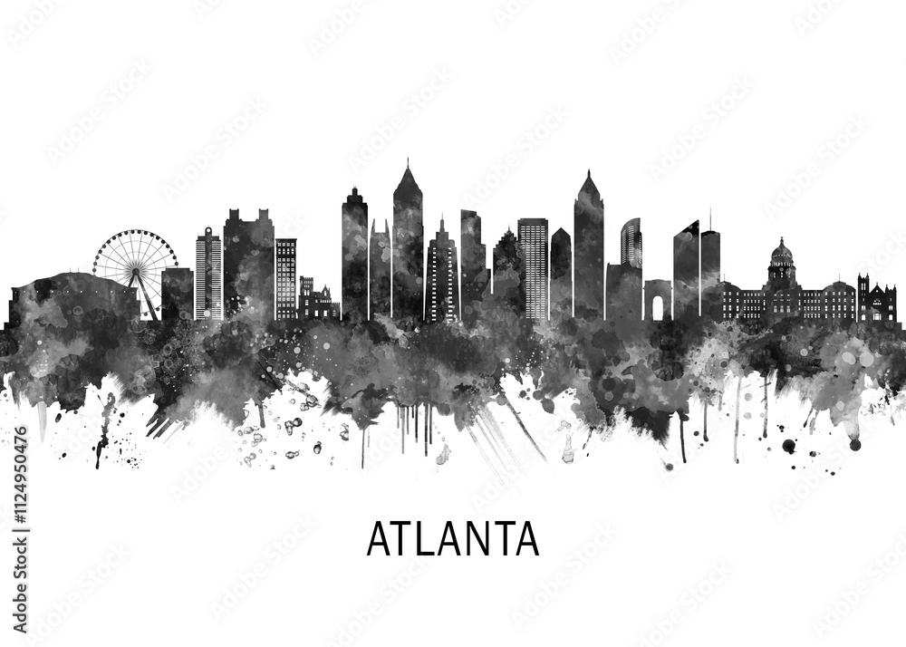 Atlanta Georgia Skyline BW, travel art illustration urban modern downtown landmarks skyscrapers artwork abstract architecture digital office home decor