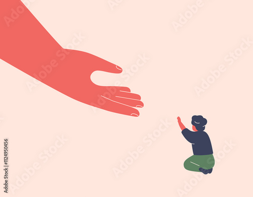 Adult gives hand to child. Small boy needs help and support from parent or care worker. Adoption concept. Trust and encouragement of kids from family, teachers, friends. Vector illustration