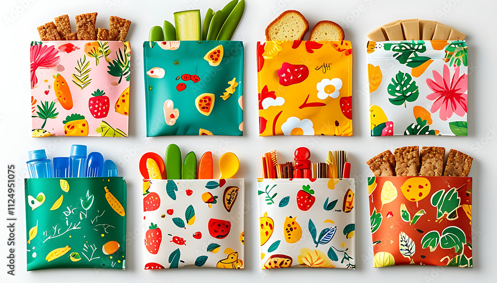 Fototapeta premium Colorful reusable snack pouches filled with various healthy snacks like fruits, vegetables, and crackers, showcasing vibrant patterns and designs. Perfect for on go snacking!