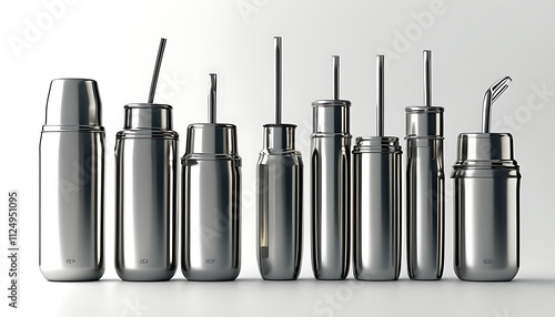 Reusable stainless steel straws and containers arranged in row, showcasing their sleek design and eco friendly appeal. Perfect for sustainable living and reducing plastic waste photo