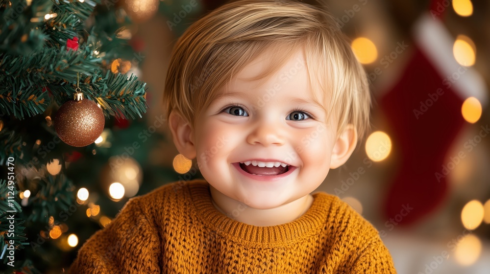 Close up of a little boy smiling in a cozy living room with a Christmas tree at night Close up of a little boy smiling in a cozy living room with a Christmas tree at night